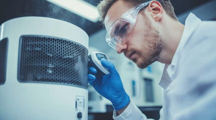 technician carefully measures air quality using meter, showcasing precision and focus in laboratory setting