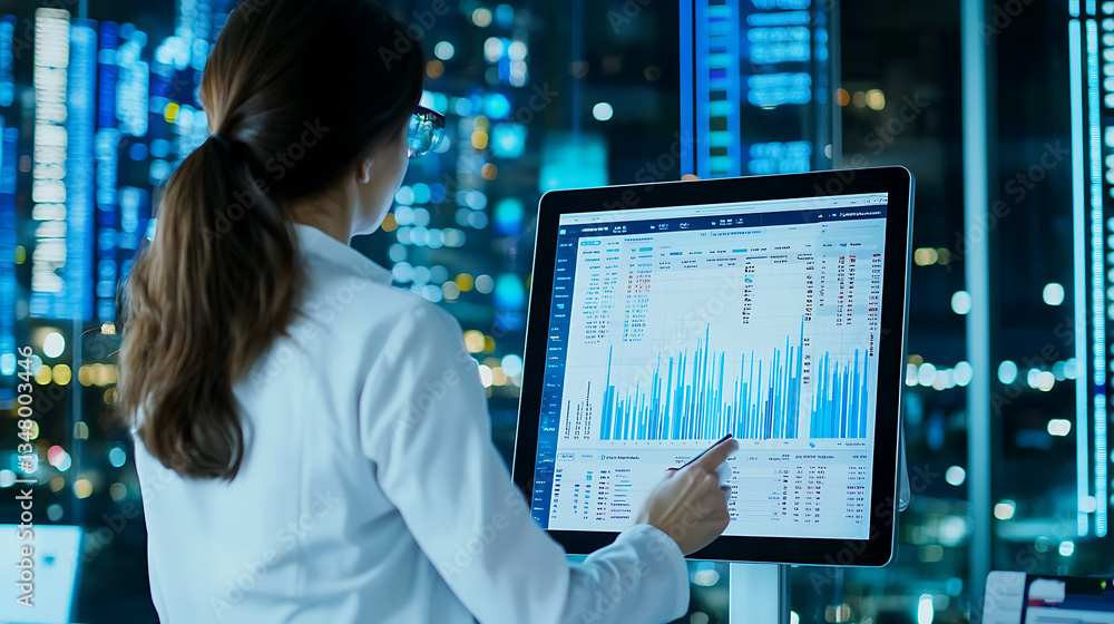 Poster data analysis action by analyst in modern office digital environment technical perspective for busin