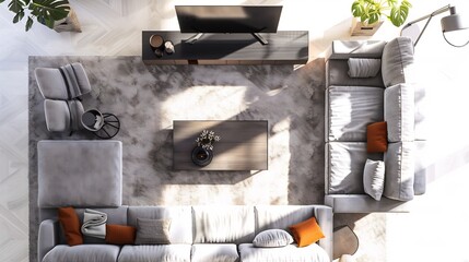 Top down aerial view of cozy family living room sectional sofas entertainment unit soft carpets white isolated background