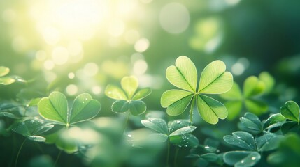 Sunlit Green Clover Leaves In Lush Meadow