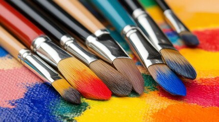 Obraz premium Close up view of paintbrushes with vibrant paint on their bristles, resting on a colorful palette. The colors are bright and the scene is artistic.