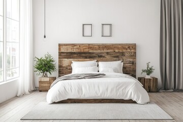 A cozy bedroom featuring a bed with wooden headboard and decor