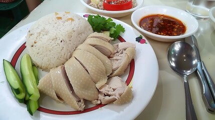 An inviting plate of Hainanese chicken is presented. The Hainanese chicken features tender, poached chicken pieces that are carefully prepared to maintain their juiciness. The chicken has a smooth and