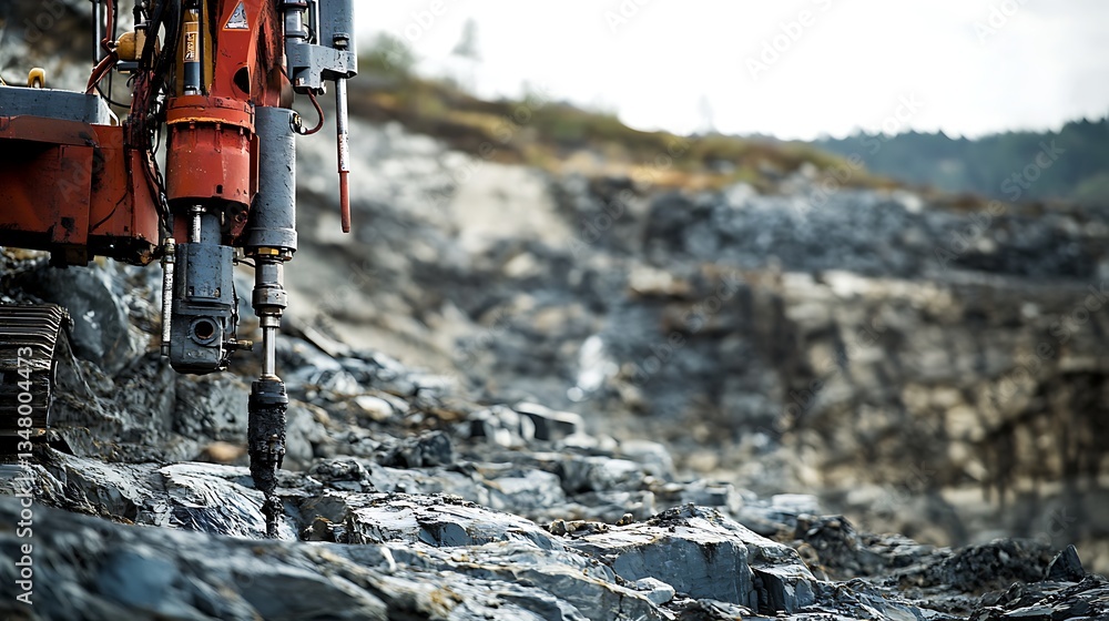 Poster a powerful drilling machine working on rocky terrain with a soft background, leaving ample space aro