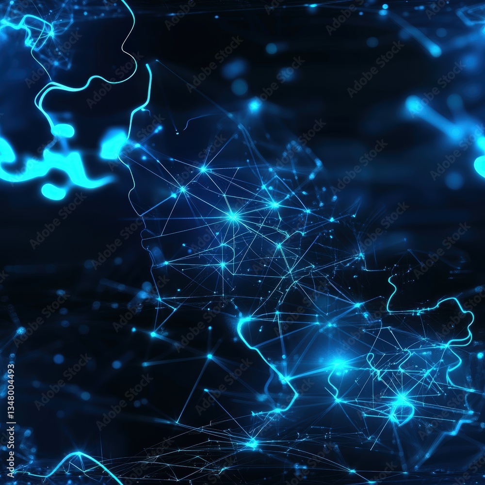 Poster abstract digital rende of a glowing blue network map depicting global connectivity and communication