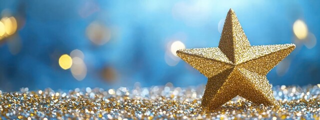 Golden stars and particles shimmer on a blue background.