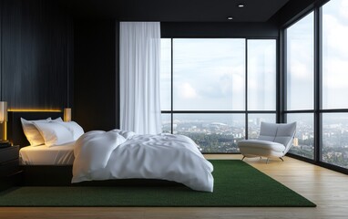 A modern bedroom interior with city views from a large window