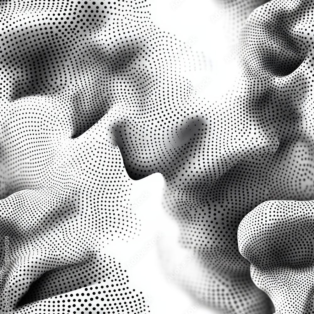 Poster abstract black and white pointillist art depicting two faces blending in a kiss creating a wave-like