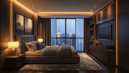 A modern bedroom interior displaying luxury furniture and city view