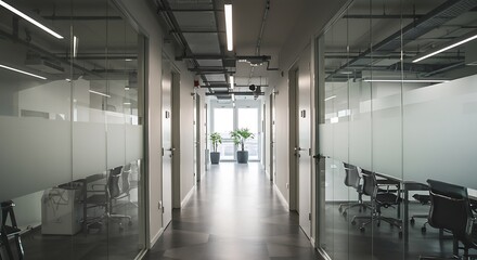 Modern office corridor with glass partitions - Cleanliness and efficiency - Corporate website banner
