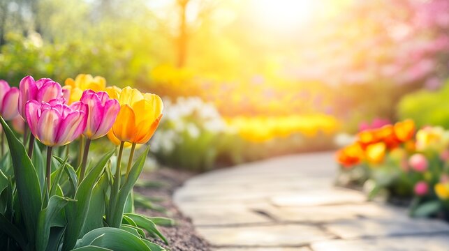 Pink and yellow tulips in a garden with a stone path on a bright sunny day background