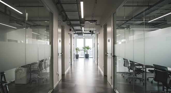 Modern office corridor with glass partitions - Cleanliness and efficiency - Corporate website banner
