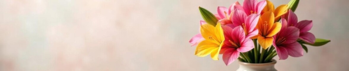 Naklejka premium A bouquet of exotic flowers arranged in a delicate vase, against a soft background, vibrant flowers, floral art, colorful flowers