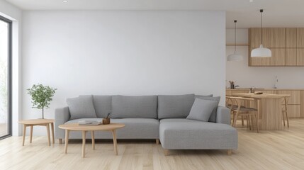 Interior of living room modern style with grey fabric sofa,wooden side table and white ceiling lamp on wooden floor.