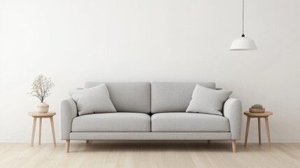 Interior of living room modern style with grey fabric sofa,wooden side table and white ceiling lamp on wooden floor.