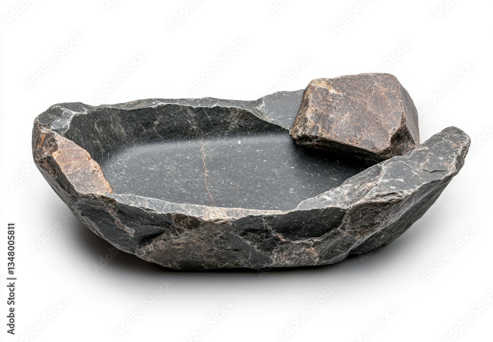 Poster dark gray stone basin with rough texture and a smaller stone placed on the side, isolated on a white