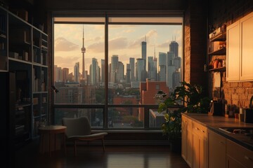 Cozy Living Space Overlooking City Skyline at Sunset in Toronto
