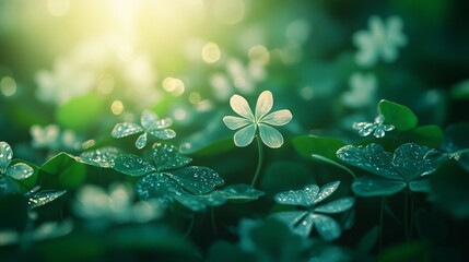 Dew kissed clover blossoms in sunlit green meadow