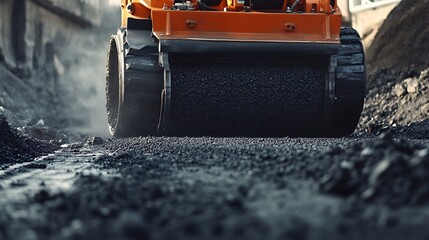 Powerful Road Compactor Flattening Fresh Asphalt at a Busy Construction Site, Captured from a Wide Angle with Clear Space for Adding Text