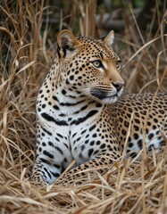 Fototapeta premium portrait of a leopard relaxing in the grassland