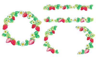 水彩で描いたいちごのイラストのフレームセット