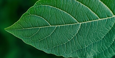 Obraz premium Close up view of a single green leaf exhibiting a detailed vein structure and minute, glistening droplets, set against a blurred dark green background.