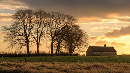 Golden-hour rural landscape bathed in warm orange and yellow tones, creating a nostalgic, serene atmosphere reminiscent of peaceful countryside evenings.
