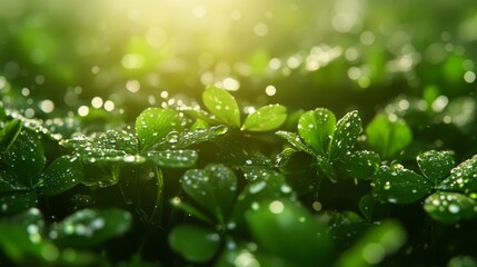 Dew Drops on Lush Green Clover Leaves