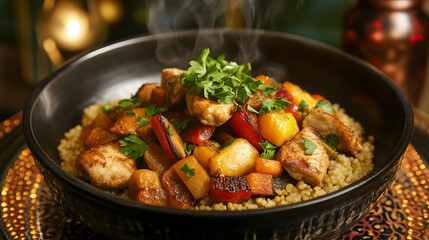 Aromatic chicken and vegetable stew served over fluffy couscous. The dish is seasoned perfectly and garnished with fresh parsley. Steam rises from the hot food in a dark bowl.