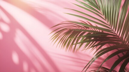 Soft blurred palm leaf shadows on a pastel pink wall, creating a minimal abstract background perfect for product presentation, branding, and seasonal designs for spring and summer.



