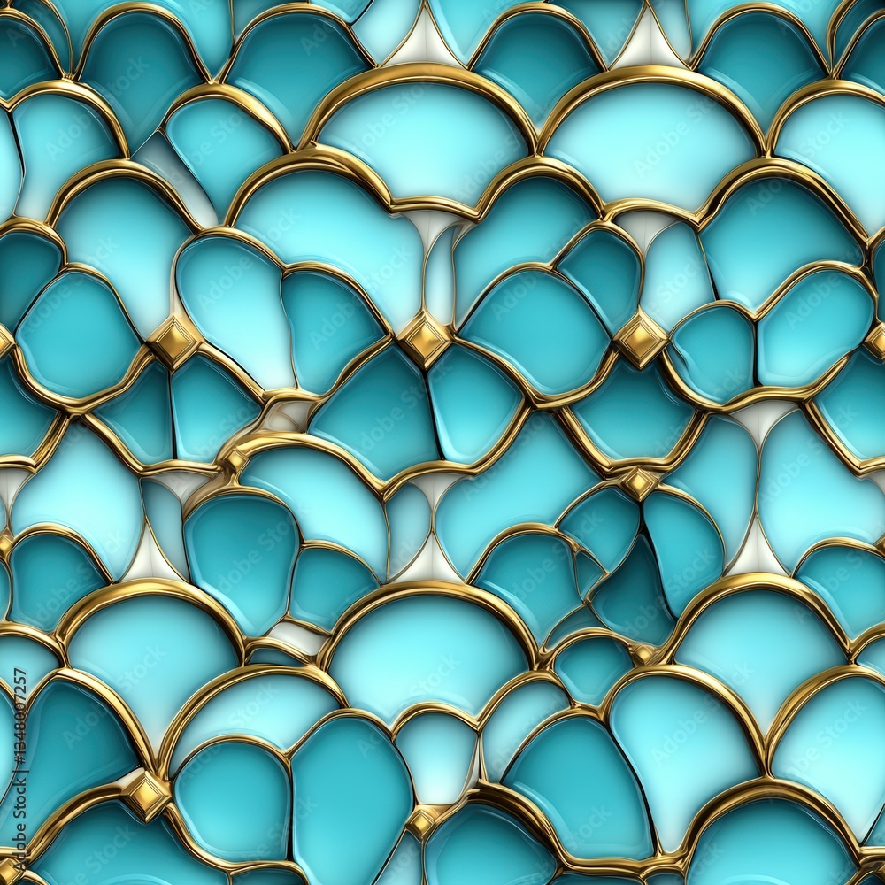 Poster seamless pattern featu overlapping teal scallop-shaped elements outlined in gold, creating a beautif