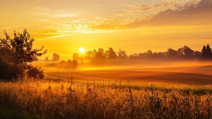 Obraz premium Golden-hour rural landscape bathed in warm orange and yellow tones, creating a nostalgic, serene atmosphere reminiscent of peaceful countryside evenings. 