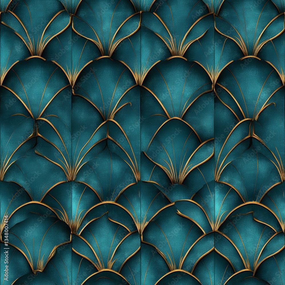 Poster intricate art deco repeating pattern in teal and gold featu stylized floral shapes for elegant and m