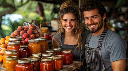 Happy farmers market couple behind jars of homemade jams
