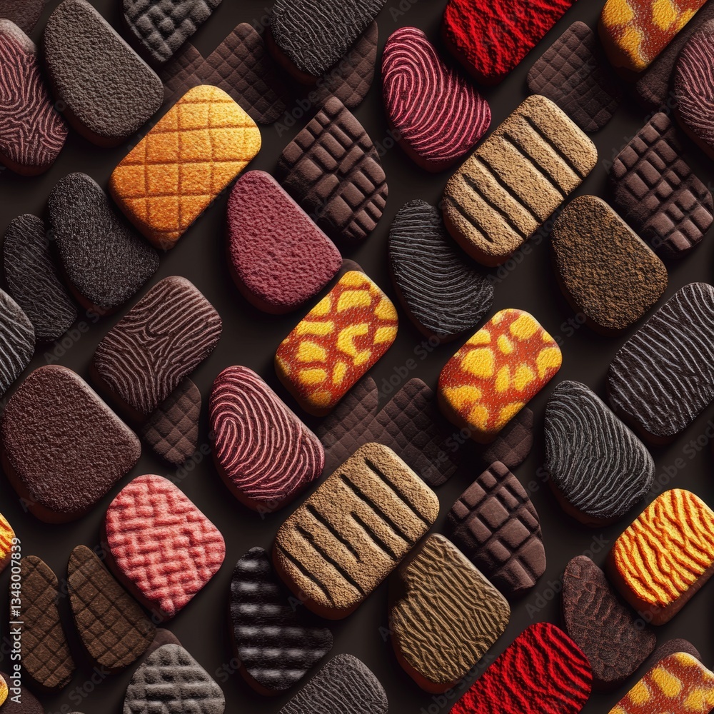 Aufkleber close-up of a beautifully arranged collection of uniquely textured and colored chocolate pieces crea