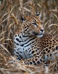 Obraz premium portrait of a leopard relaxing in the grassland