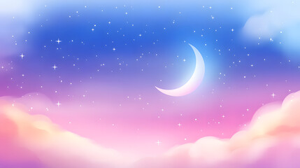 Dreamy pastel sky with a crescent moon and twinkling stars above fluffy clouds. Perfect for backgrounds, fantasy, or magical themes. Soft, romantic, and serene.