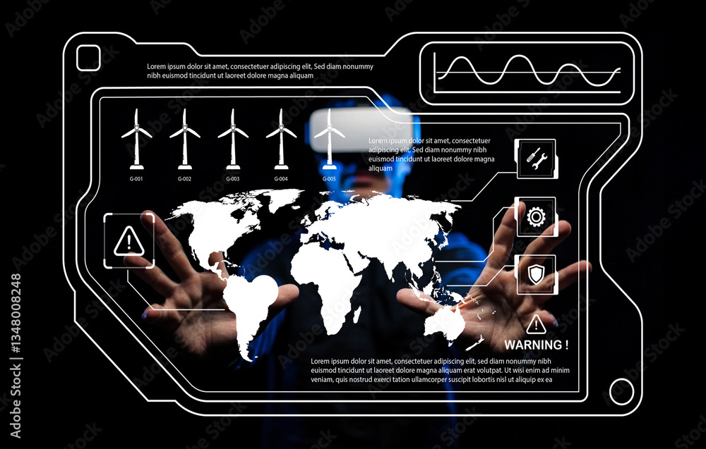 Poster futuristic technology interface with wind turbines, global map, and data visualization in a dark env