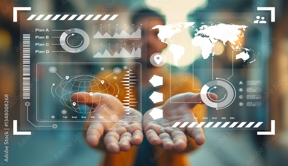 Poster futuristic businessman presenting digital interfaces and projections showcasing global data analytic