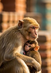 Naklejka premium A monkey hugging and looking after its child