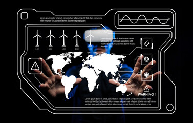Futuristic Technology Interface with Wind Turbines, Global Map, and Data Visualization in a Dark Environment by a Person Wearing a VR Headset
