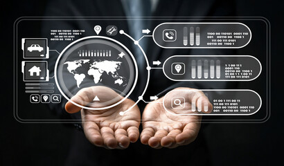Digital Technology Framework Showing Global Connectivity and Data Analysis with Hands Holding Virtual Interface Elements