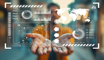 Futuristic businessman presenting digital interfaces and projections showcasing global data analytics, charts, and plans for technology-driven innovation.