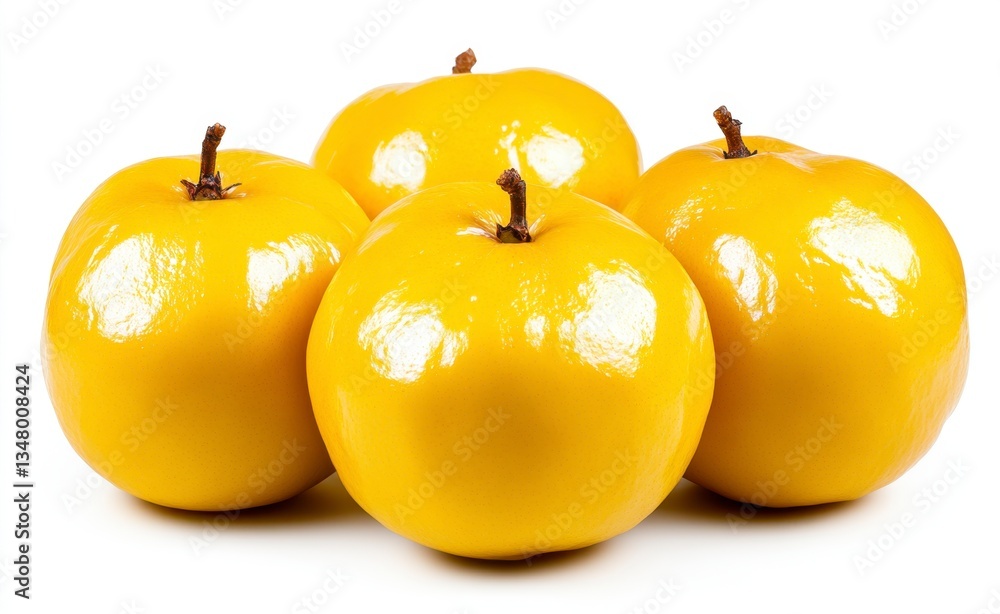 Poster five shiny, bright yellow apples arranged in a cluster on a white background. the apples are round a