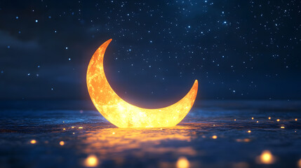 Naklejka premium Glowing crescent moon rests on a dark, starry night. Sparkling lights illuminate the scene, creating a magical, serene atmosphere. Perfect for Ramadan, dreams, or mystical themes.