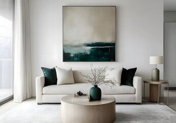 A modern living room interior featuring a sofa and artwork