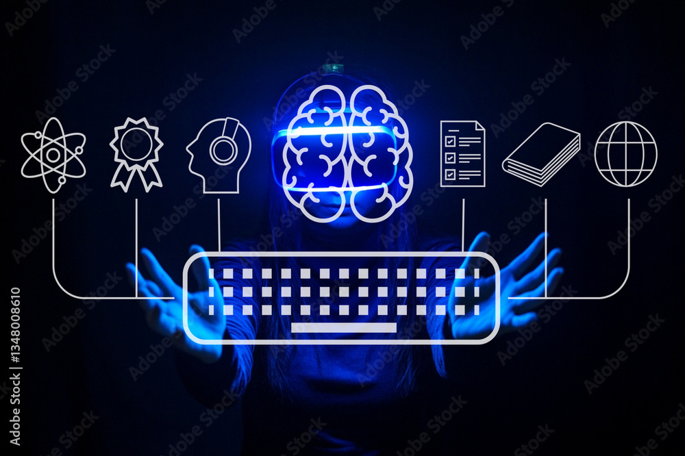 Poster futuristic concept of human interaction with artificial intelligence represented by a digital brain 