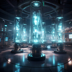 A futuristic laboratory with glowing vials.