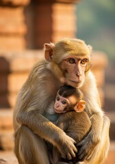Obraz premium A monkey hugging and looking after its child