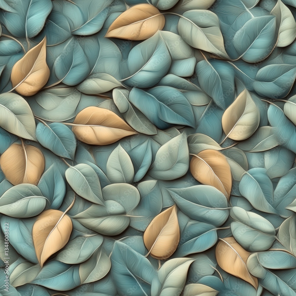 Poster seamless pattern of textured and stylized leaves in muted teal and beige tones, overlapping in a sca